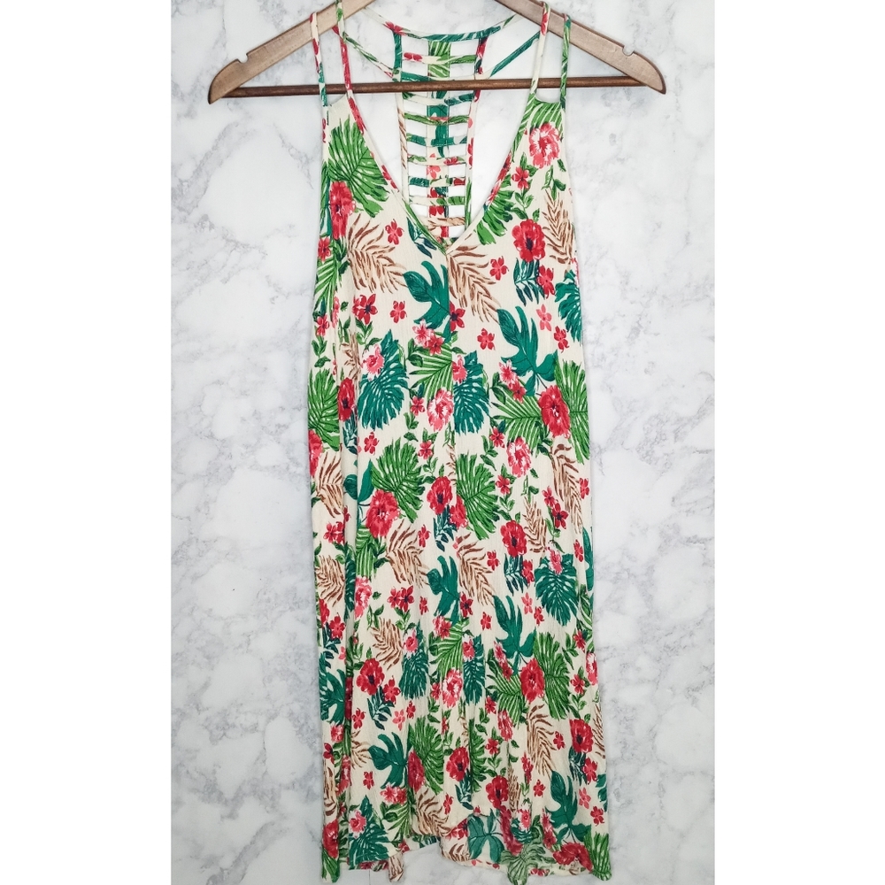 Aakaa Midi Dress Women S Cream Floral Sleeveless V-Neck Tropical Beachy Resort